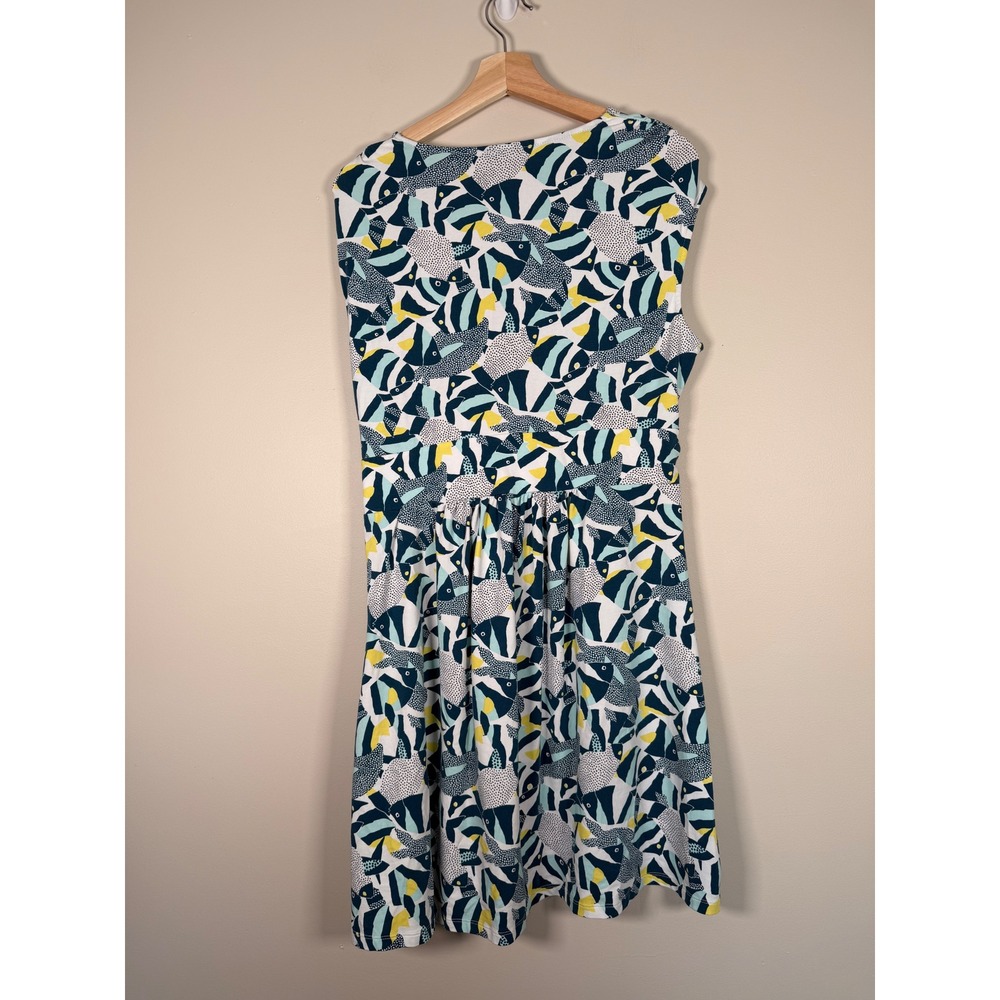 Lands End Womens XL 18 Petite Fish Print Faux Wrap Dress Sleeveless Teal Yellow - Picture 4 of 8